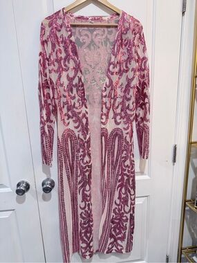 Pink Sequin Embellished Long Sheer Dress